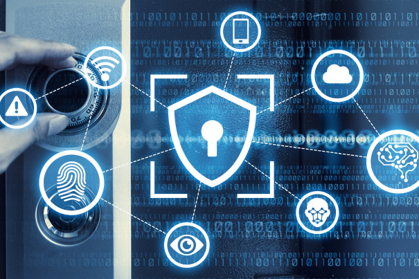 A hand turning a physical safe dial overlaid with a digital security shield and icons for fingerprints, facial recognition, cloud storage, and Wi-Fi over a binary code background.