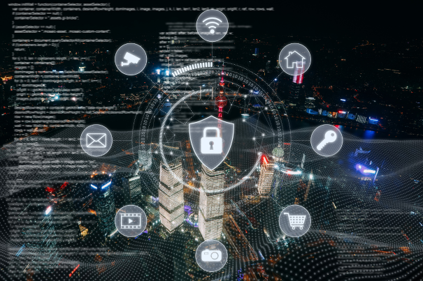 Digital cybersecurity shield icon with a padlock overlaying a night cityscape and smart city icons like Wi-Fi, home security, and data encryption.