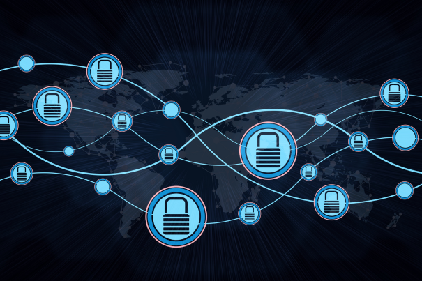 Global cybersecurity network illustration featuring padlock icons connected by digital lines over a dark blue world map background.