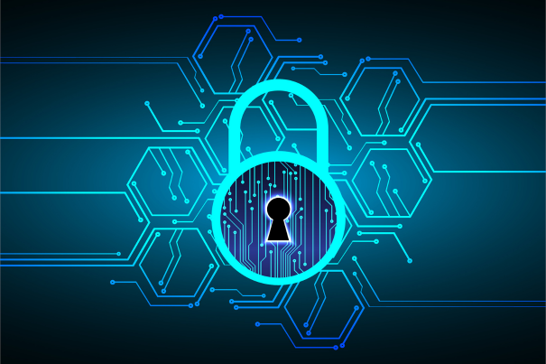 Abstract digital cybersecurity illustration featuring a glowing blue padlock icon integrated with a circuit board pattern and hexagonal data nodes.