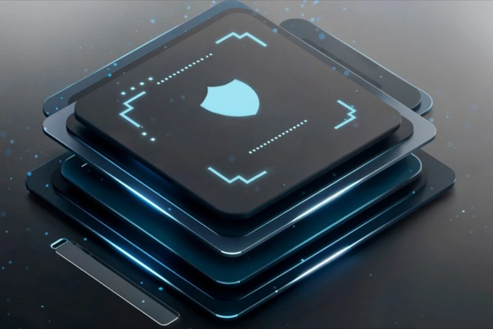Layered cybersecurity protection concept featuring a blue digital shield icon on a high-tech processor chip.