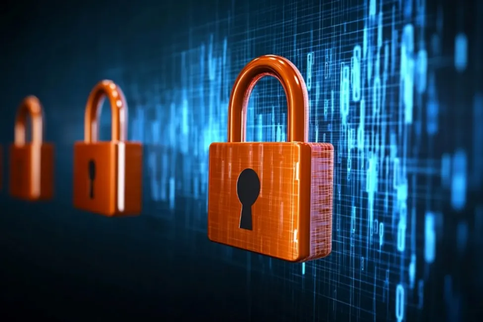 Row of three orange 3D padlocks against a blue digital background representing multi-layer data encryption and cyber security protocols.