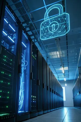 High-tech server room data center with a glowing blue digital padlock icon representing cloud security and network privacy.