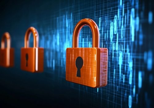 Row of three orange 3D padlocks against a blue digital background representing multi-layer data encryption and cyber security protocols.