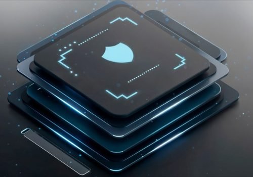Layered cybersecurity protection concept featuring a blue digital shield icon on a high-tech processor chip.